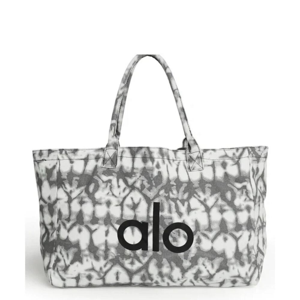 Alo Yoga Large Tie Dye Canvas Tote Bag Gray White Logo Gym Beach Carryall - Picture 4 of 16
